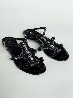 CHANEL Black Patent Leather Beaded and  Jeweled Slingback Sandals - Size 36